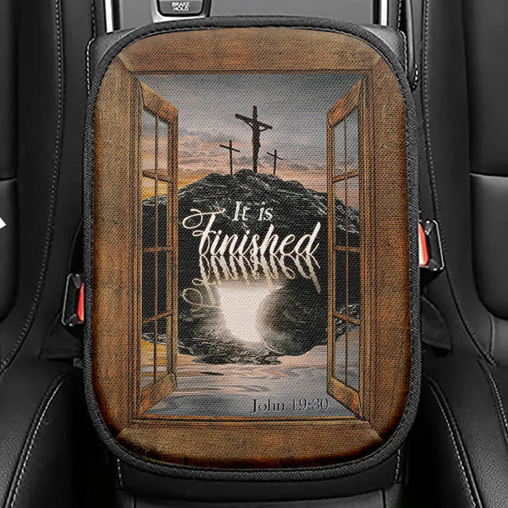 Black Rock Mountain Wooden Cross It Is Finished Seat Box Cover, Bible Verse Car Center Console Cover, Inspirational Car Interior Accessories