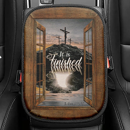 Black Rock Mountain Wooden Cross It Is Finished Seat Box Cover, Bible Verse Car Center Console Cover, Inspirational Car Interior Accessories