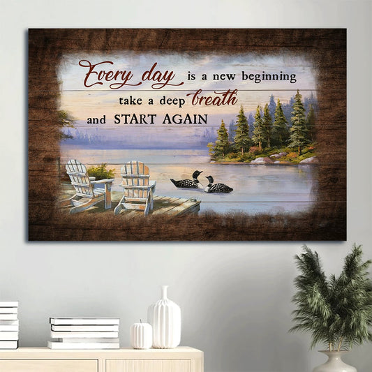 Black Swan On The River Lake View Painting Everyday Is A New Beginning Canvas Wall Art - Christian Wall Decor