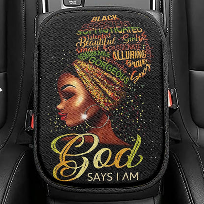 Black Woman God Says I Am Seat Box Cover, Bible Verse Car Center Console Cover, Scripture Car Interior Accessories