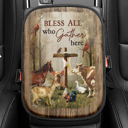 Bless All Who Gather Here Animals Wooden Cross Forest View Red Cardinal Seat Box Cover, Christian Car Center Console Cover