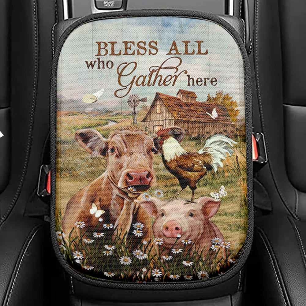 Bless All Who Gather Here Seat Box Cover, Animal Daisy Field Rooster Car Center Console Cover, Christian Car Interior Accessories