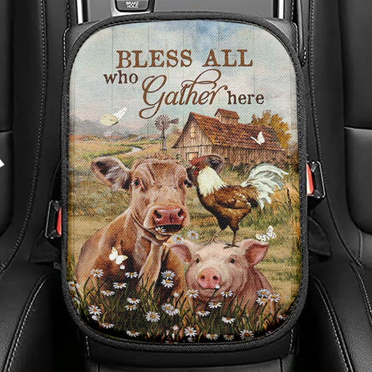 Bless All Who Gather Here Seat Box Cover, Animal Daisy Field Rooster Car Center Console Cover, Christian Car Interior Accessories