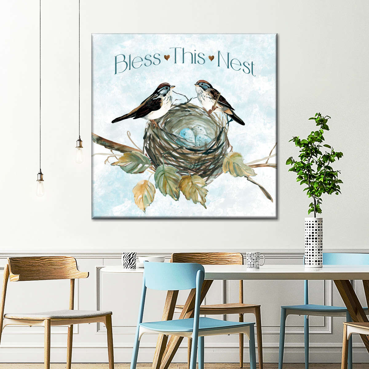 Bless Nest Bird Square Canvas Wall Art - Bible Verse Wall Art Canvas - Religious Wall Hanging