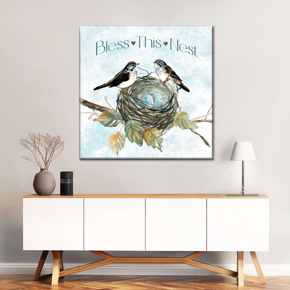Bless Nest Bird Square Canvas Wall Art - Bible Verse Wall Art Canvas - Religious Wall Hanging