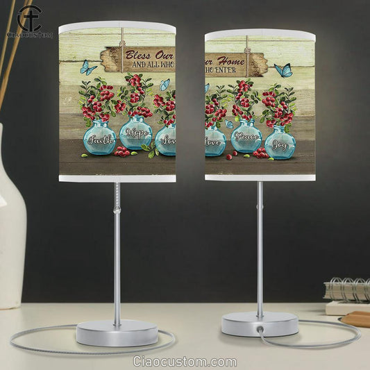 Bless Our Home Blue Vase Blue Butterfly Cranberry Table Lamp For Bedroom - Bible Verse Table Lamp - Religious Room Decor
