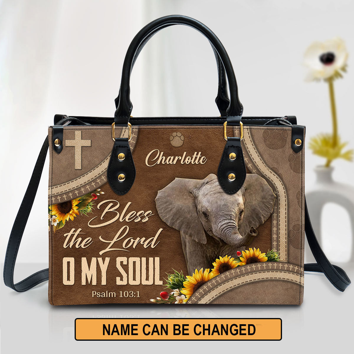 Bless The Lord O My Soul Leather Bag - Custom Name Elephant Leather Handbag - Christian Gifts For Women