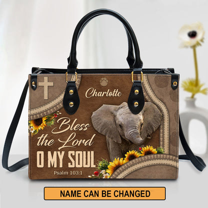 Bless The Lord O My Soul Leather Bag - Custom Name Elephant Leather Handbag - Christian Gifts For Women