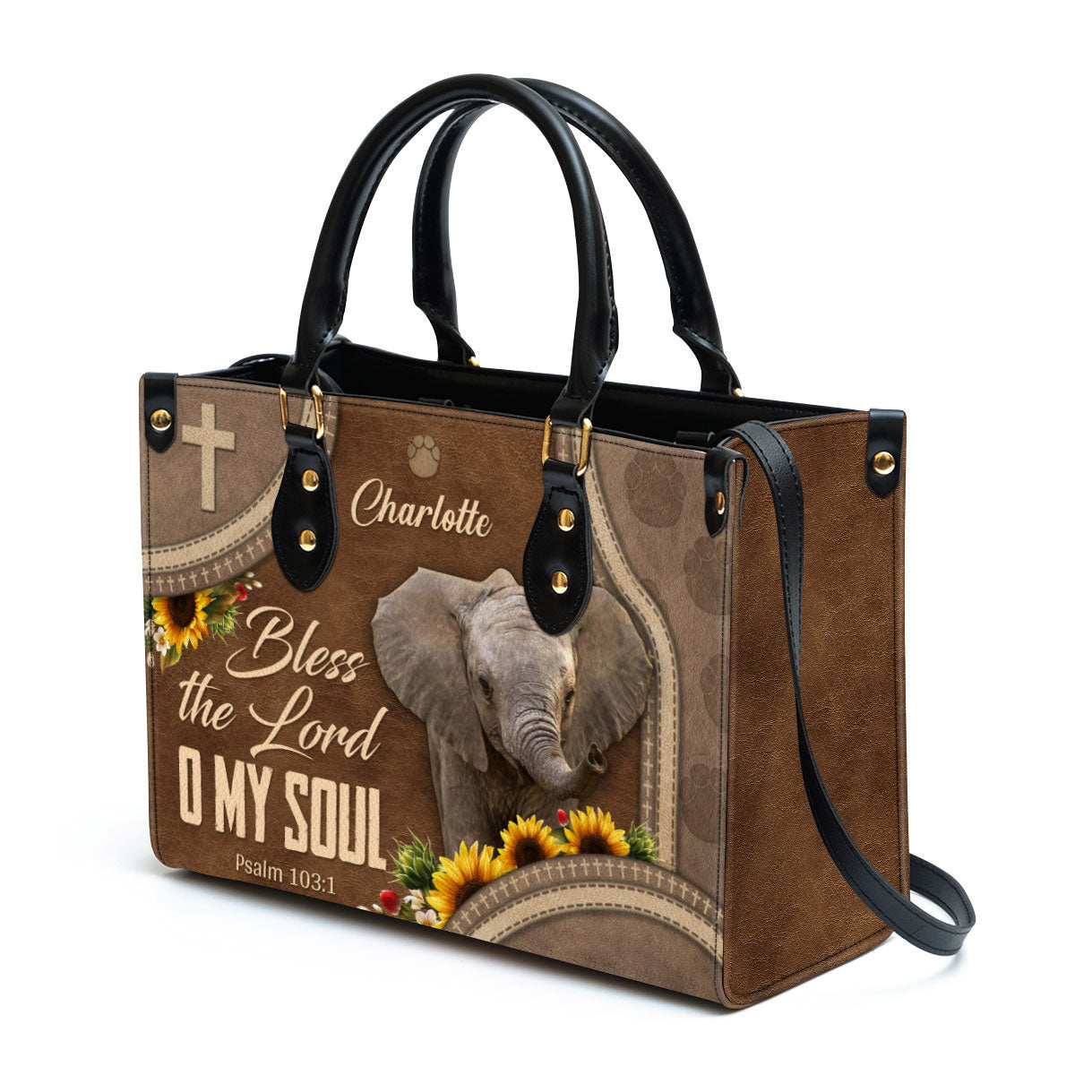 Bless The Lord O My Soul Leather Bag - Custom Name Elephant Leather Handbag - Christian Gifts For Women