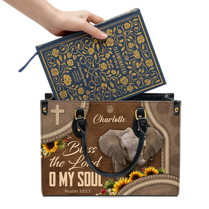 Bless The Lord O My Soul Leather Bag - Custom Name Elephant Leather Handbag - Christian Gifts For Women