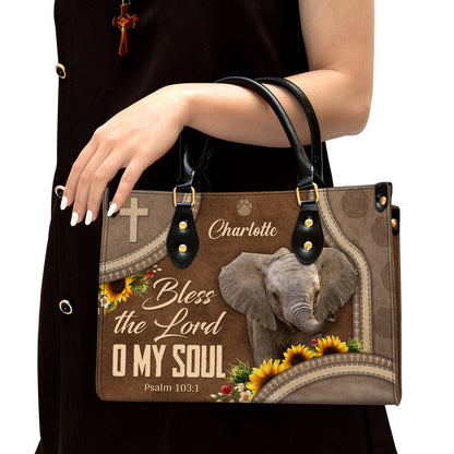 Bless The Lord O My Soul Leather Bag - Custom Name Elephant Leather Handbag - Christian Gifts For Women