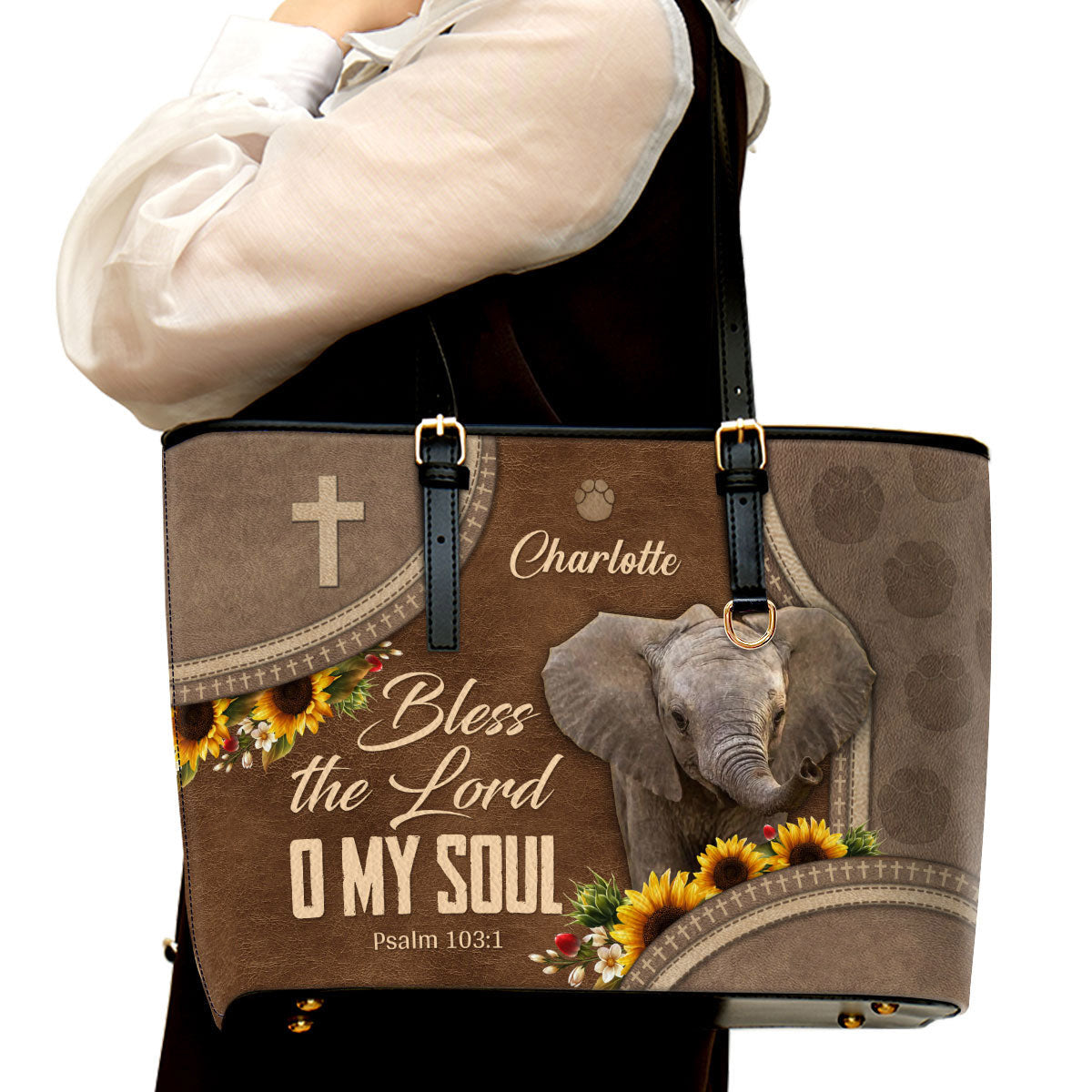 Bless The Lord O My Soul Personalized Large Leather Tote Bag - Christian Gifts For Women