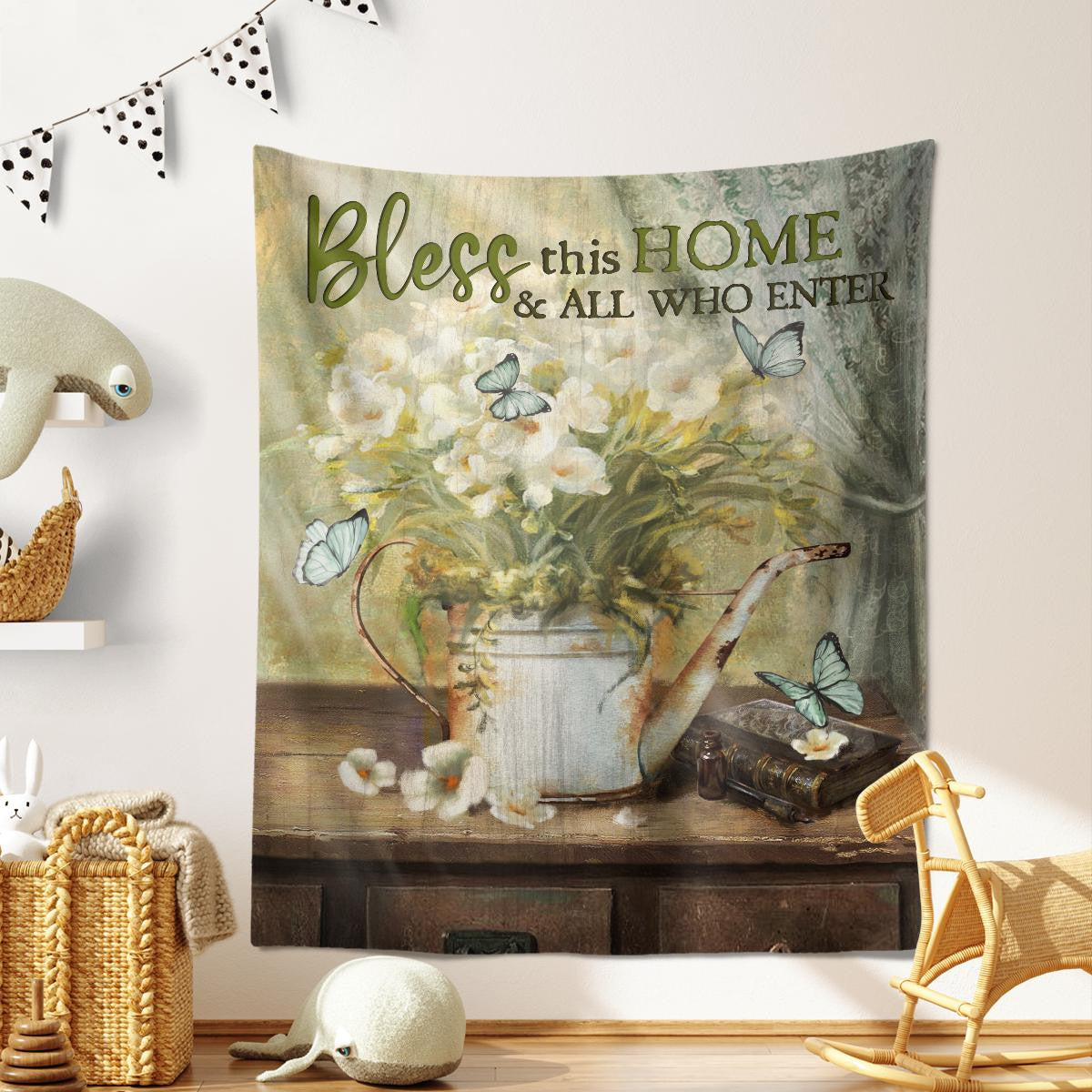 Bless This Home And All Who Enter Flower Butterfly God Tapestry Jesus Tapestry Christian Tapestry