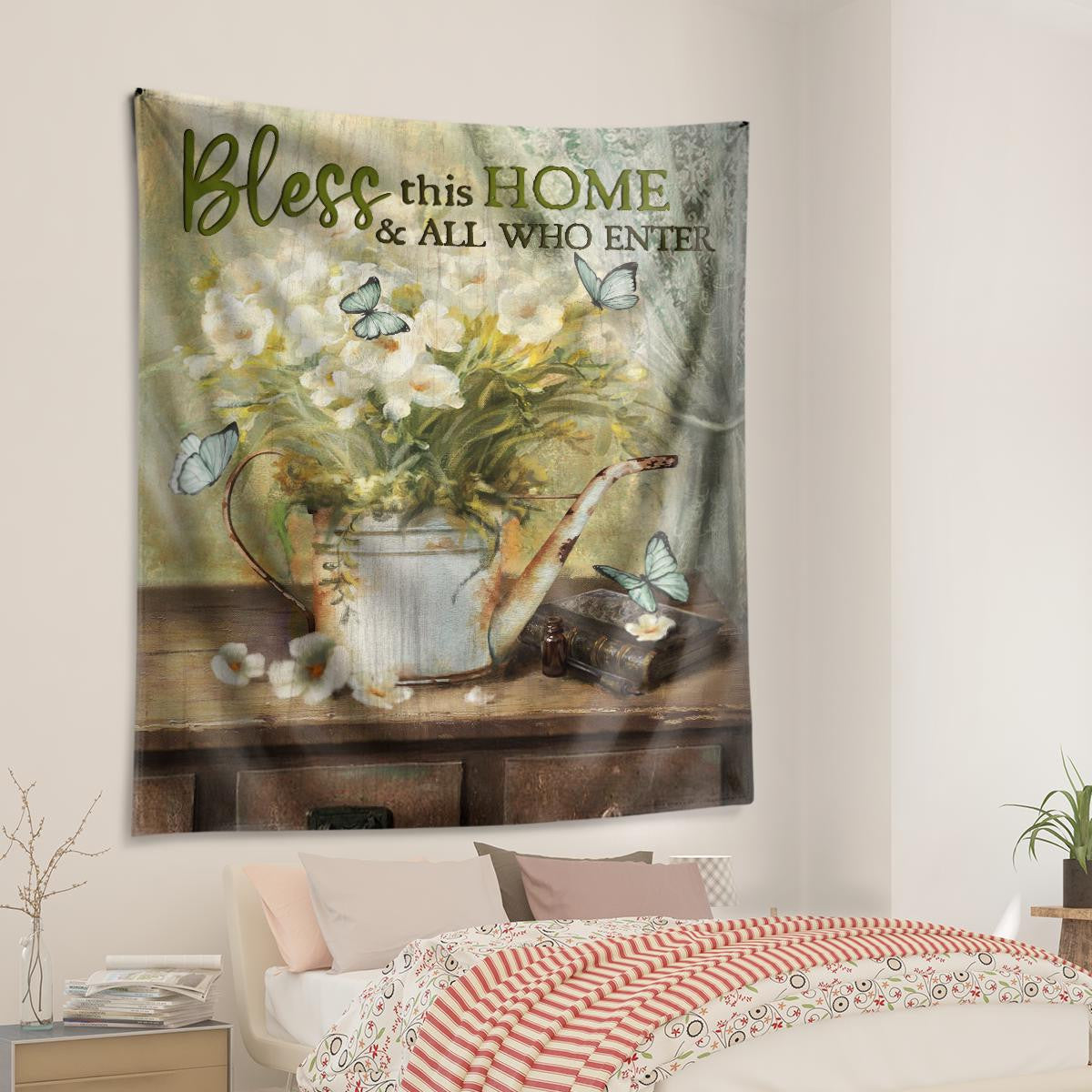 Bless This Home And All Who Enter Flower Butterfly God Tapestry Jesus Tapestry Christian Tapestry