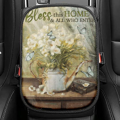 Bless This Home And All Who Enter Flower Butterfly Seat Box Cover, Christian Car Center Console Cover, Religious Car Interior Accessories