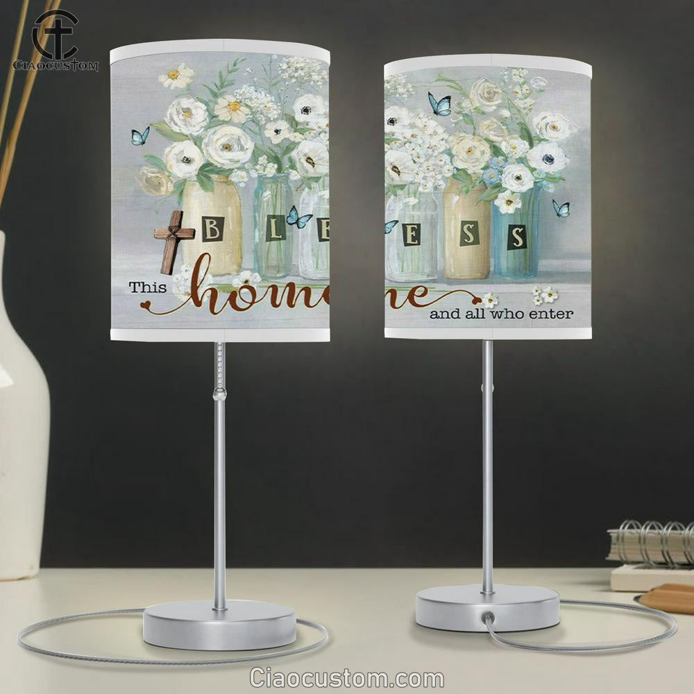 Bless This Home And All Who Enter Table Lamp For Bedroom - Butterfly Flower - Christian Room Decor