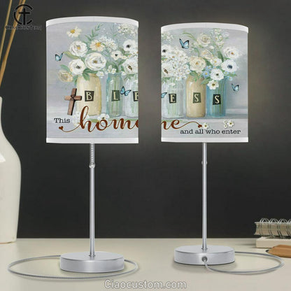 Bless This Home And All Who Enter Table Lamp For Bedroom - Butterfly Flower - Christian Room Decor