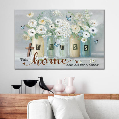 Bless This Home And All Who Enter Wall Art Canvas, Butterfly Flower Christian Wall Decor - Religious Wall Decor