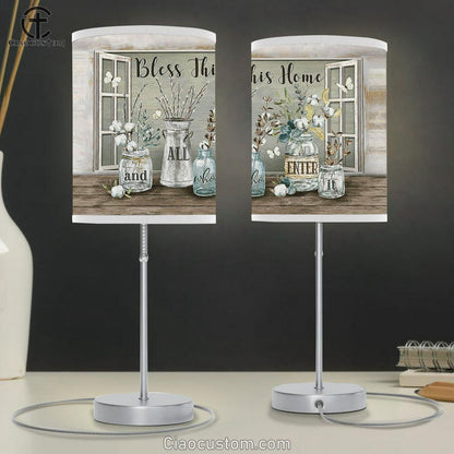 Bless This Home Cotton Flower White Butterfly Large Table Lamp - Christian Lamp Art - Bible Verse Table Lamp Art