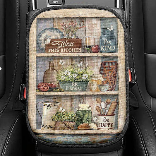 Bless This Kitchen Be Happy Seat Box Cover, Bible Verse Car Center Console Cover, Christian Inspirational Car Interior Accessories