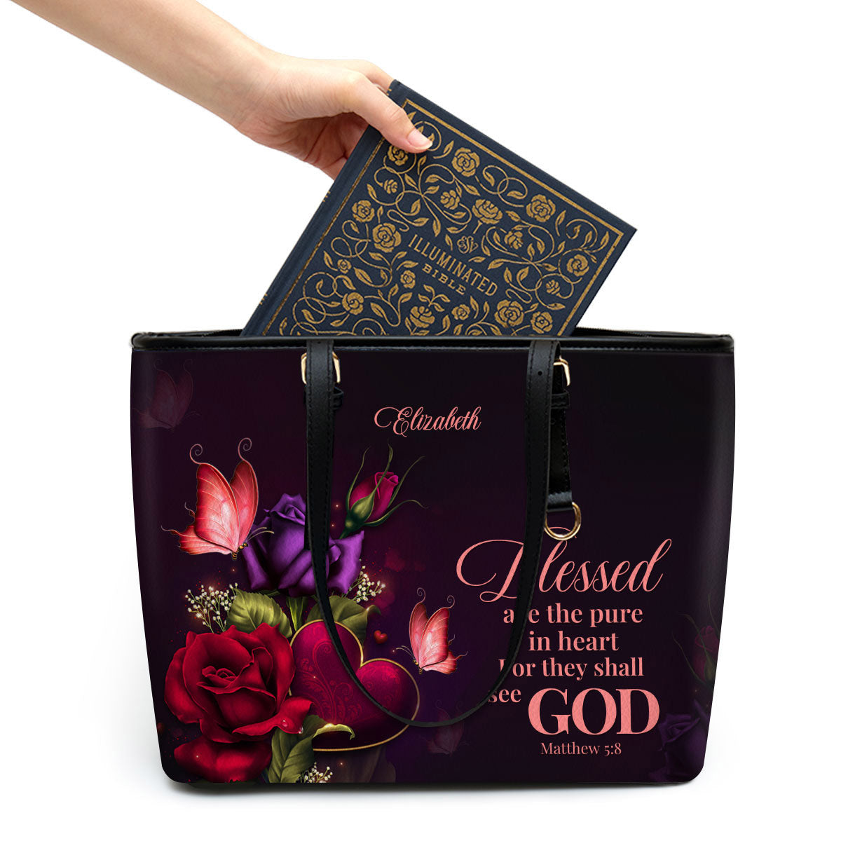 Blessed Are The Pure In Heart For They Shall See God Personalized Large Leather Tote Bag - Christian Gifts For Women