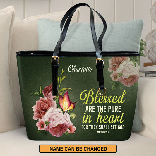 Blessed Are The Pure In Heart Matthew 58 Personalized Large Leather Tote Bag - Christian Gifts For Women