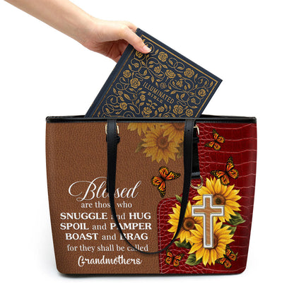 Blessed Are Those Who Snuggle And Hug Personalized Large Leather Tote Bag - Christian Gifts For Women