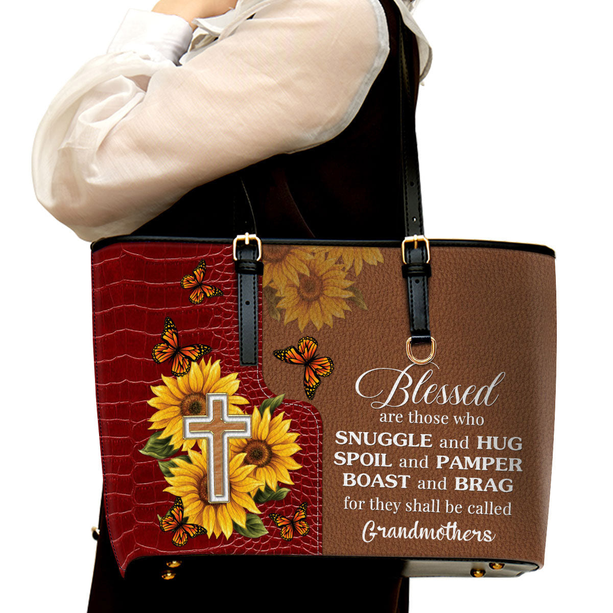 Blessed Are Those Who Snuggle And Hug Personalized Large Leather Tote Bag - Christian Gifts For Women