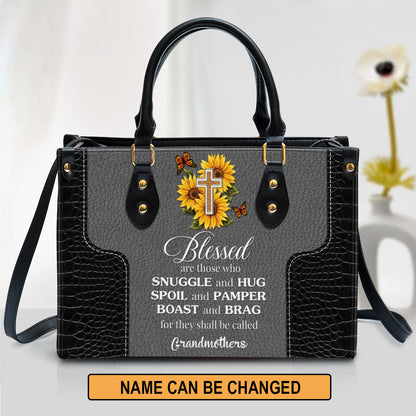 Blessed Are Those Who Spoil And Pamper Cross And Sunflower Leather Bag - Personalized Leather Bag With Handle for Christian Women