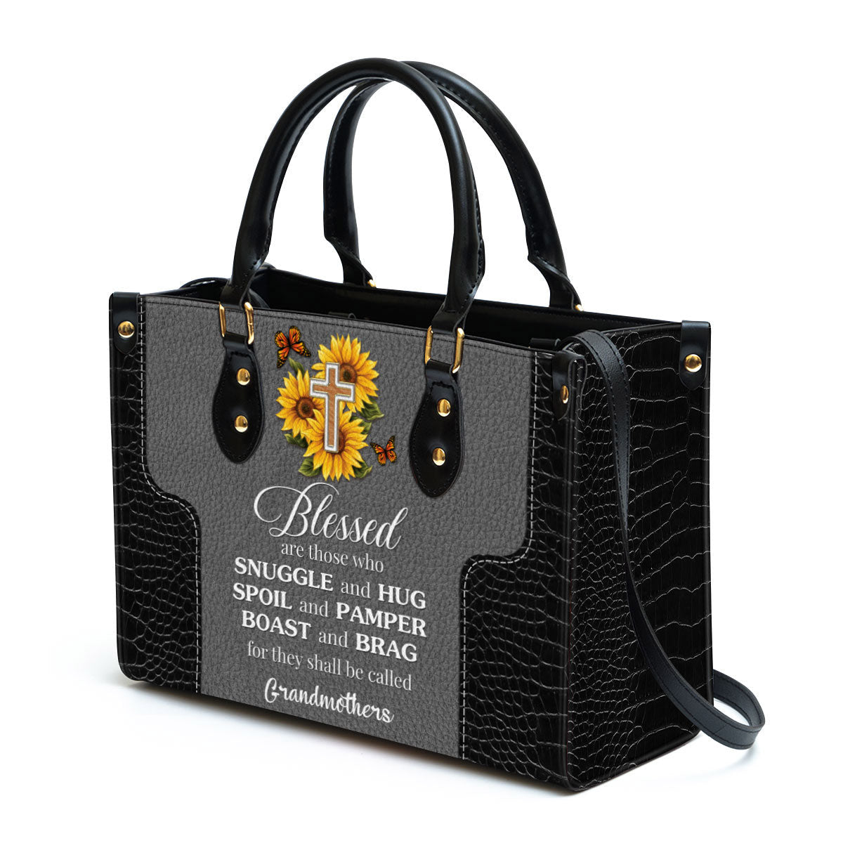 Blessed Are Those Who Spoil And Pamper Cross And Sunflower Leather Bag - Personalized Leather Bag With Handle for Christian Women