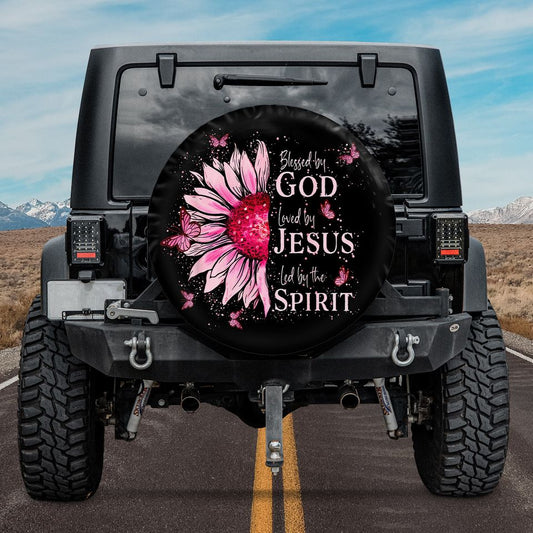 Blessed By God Loved By Jesus Pink Sunflower Spare Tire Cover - Christian Tire Cover