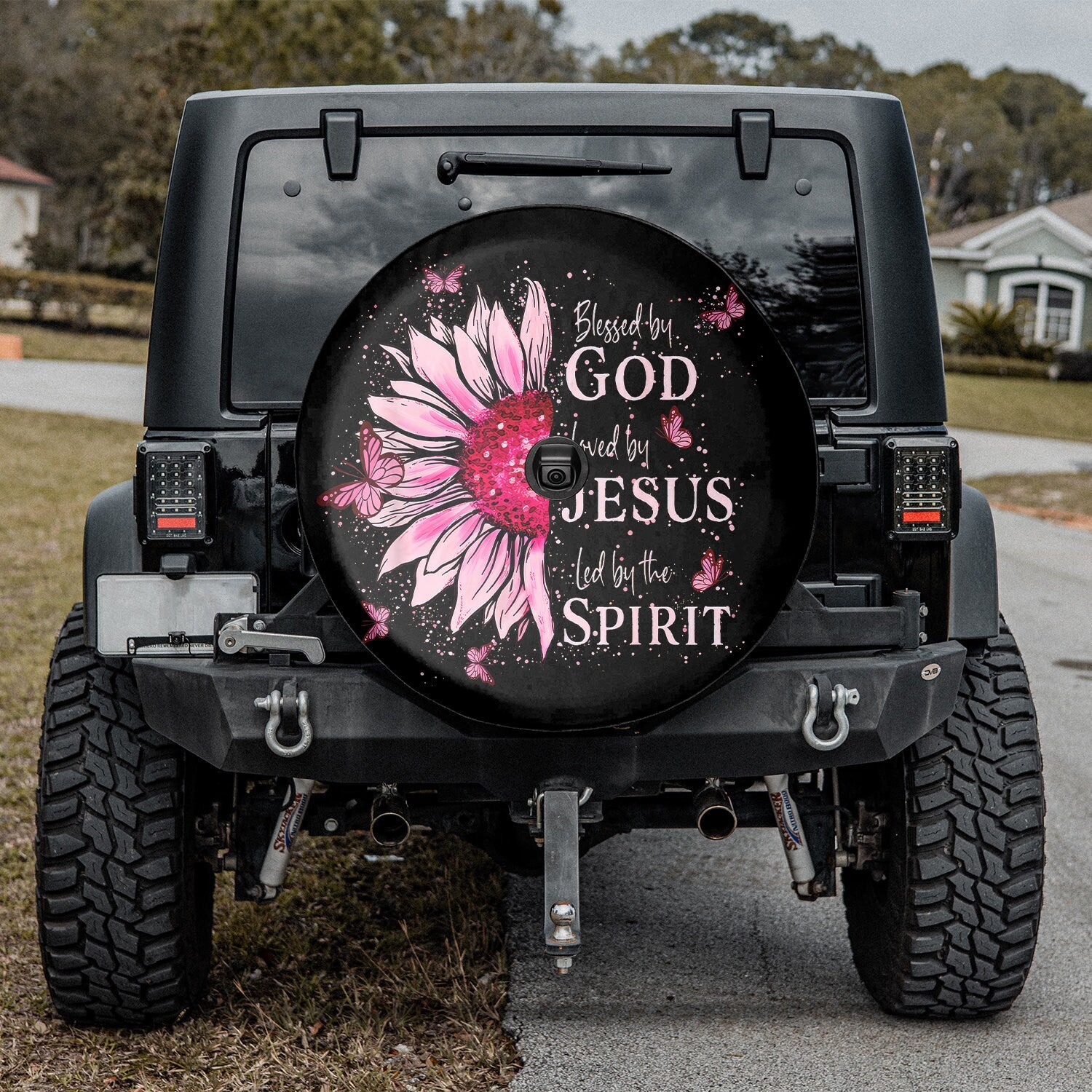 Blessed By God Loved By Jesus Pink Sunflower Spare Tire Cover - Christian Tire Cover