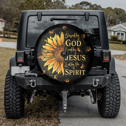 Blessed By God Loved By Jesus Sunflower Spare Tire Cover - Christian Tire Cover