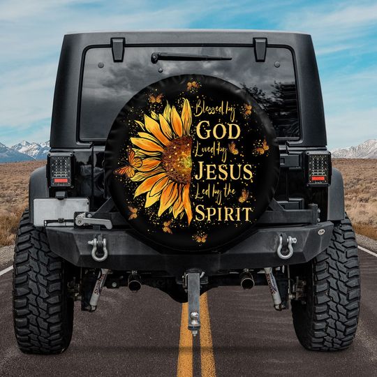 Blessed By God Loved By Jesus Sunflower Spare Tire Cover - Christian Tire Cover