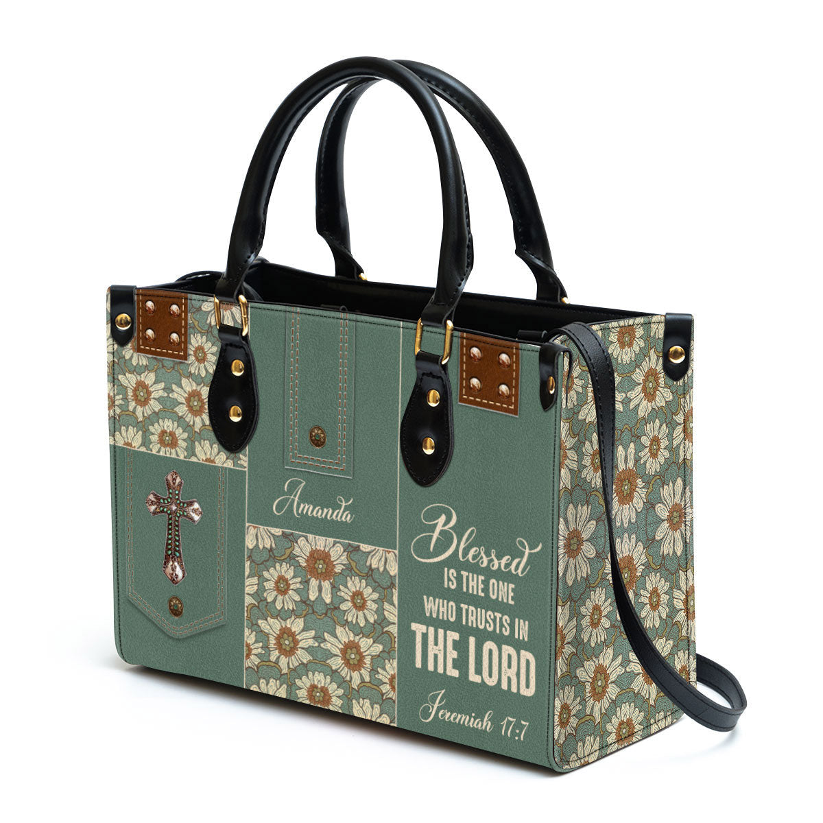 Blessed Is The One Who Trusts In The Lord Leather Bag - Custom Name Flower Leather Handbag - Christian Gifts For Women