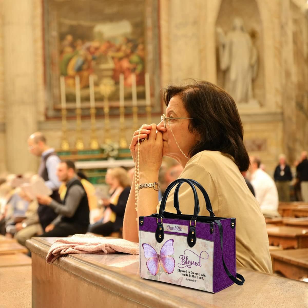 Blessed Is The One Who Trusts In The Lord Personalized Leather Bag With Handle for Christian Women