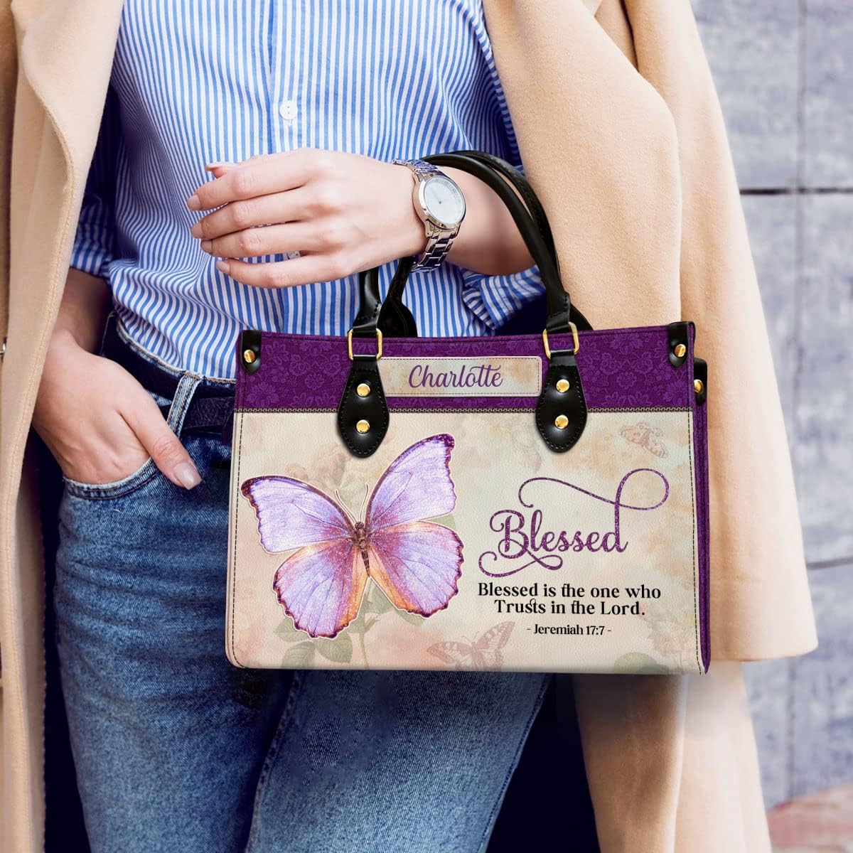 Blessed Is The One Who Trusts In The Lord Personalized Leather Bag With Handle for Christian Women
