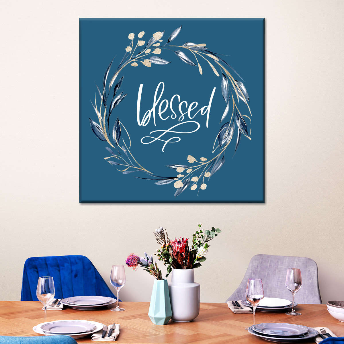 Blessed Wreath Square Canvas Wall Art - Bible Verse Wall Art Canvas - Religious Wall Hanging