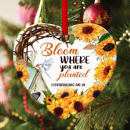 Bloom Where You Are Planted - Special Sunflower Ceramic Heart Ornament - Christian Hanging Gift