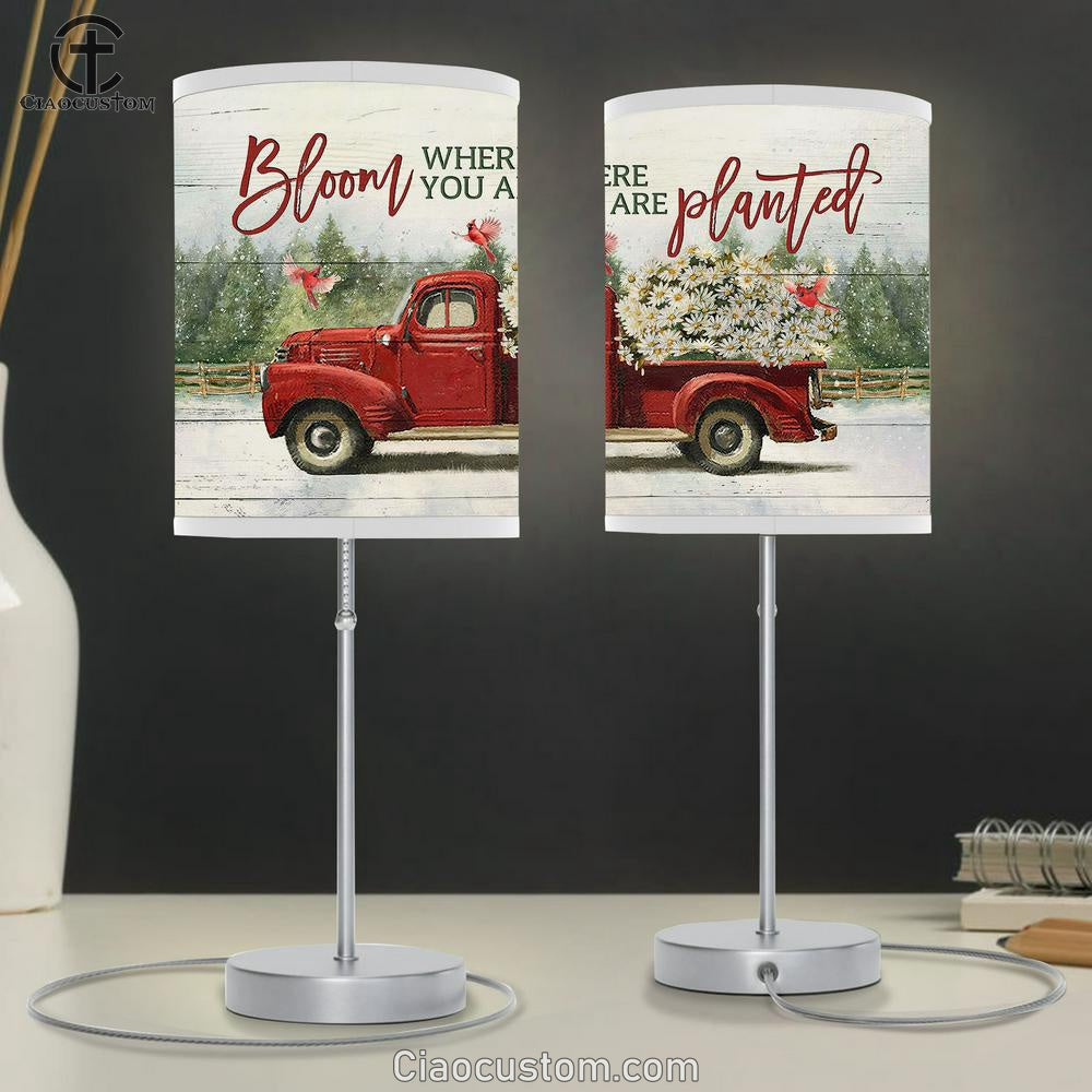 Bloom Where You Are Planted Daisy Flower Red Truck Cardinal Table Lamp For Bedroom - Bible Verse Table Lamp - Religious Room Decor