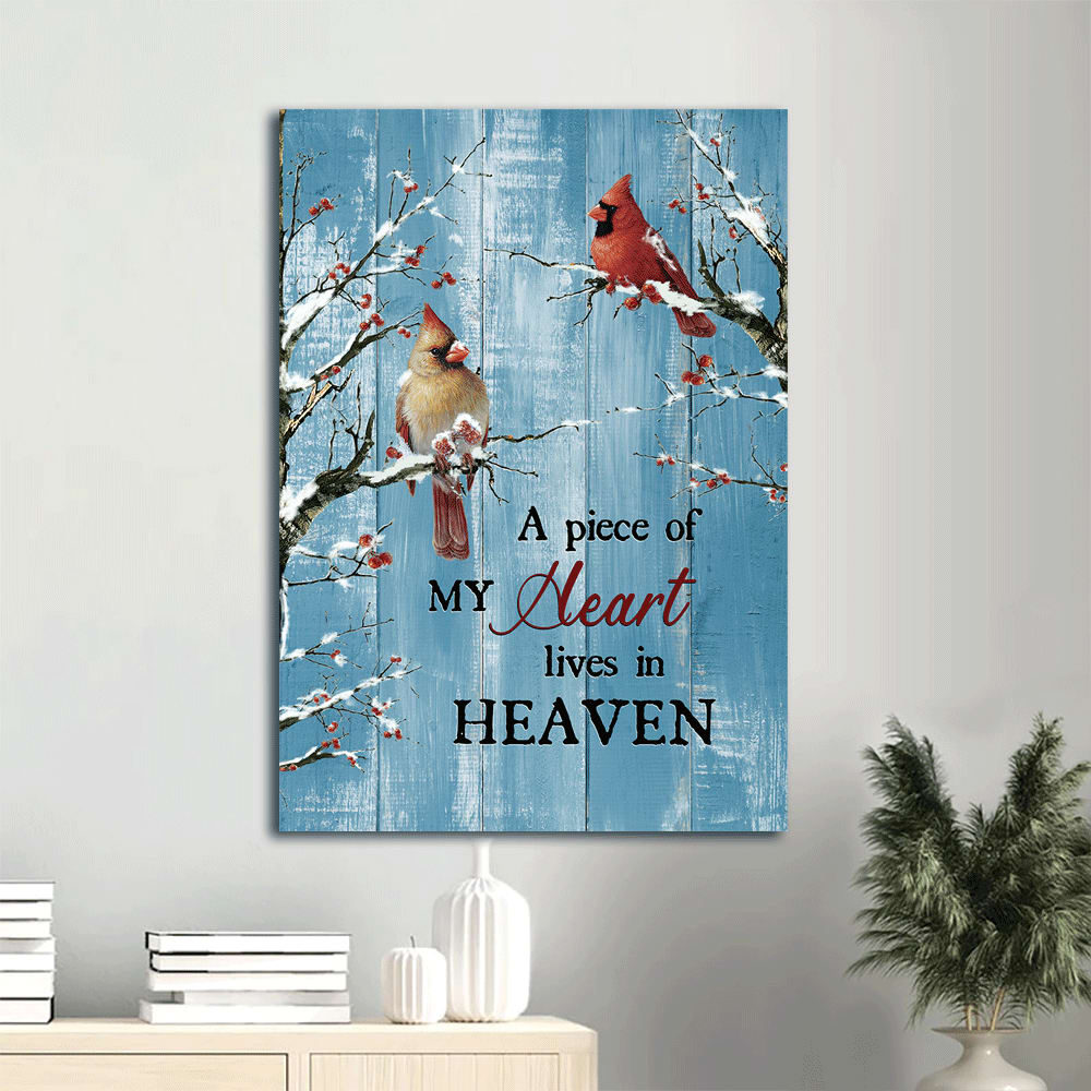 Blue Background Cardinal Frozen Cranberry A Piece Of My Heart Lives In Heaven Heaven Canvas Wall Art - Christian Gift