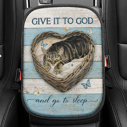 Blue Butterfly Cat Give It To God And Go To Sleep Seat Box Cover, Christian Car Center Console Cover, Gift For Cat Lover