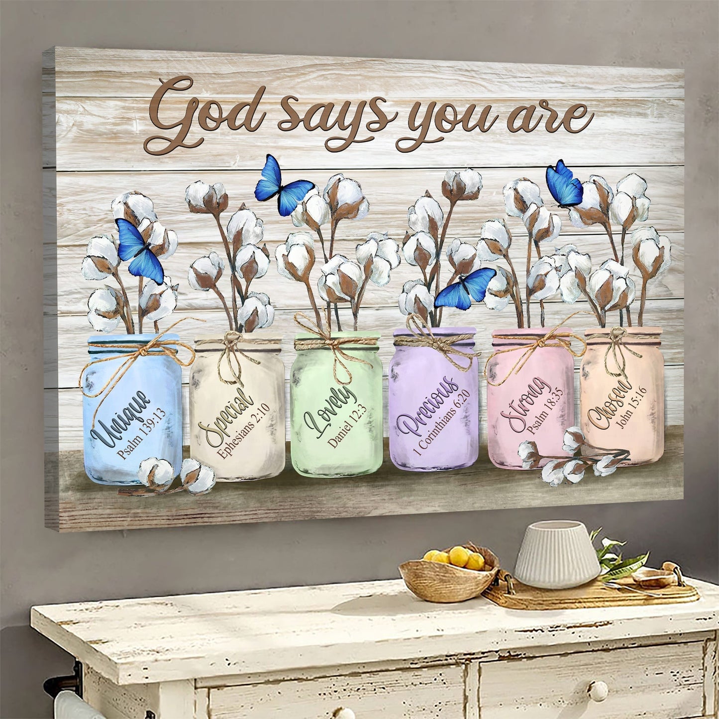 Blue Butterfly Cotton Flower Jar God Says You Are Canvas Wall Art - Christian Wall Decor