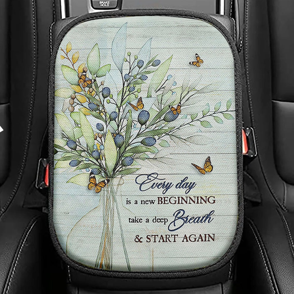 Blue Cranberry Butterfly Every Day Is A New Beginning Seat Box Cover, Bible Verse Car Center Console Cover, Inspirational Car Interior Accessories