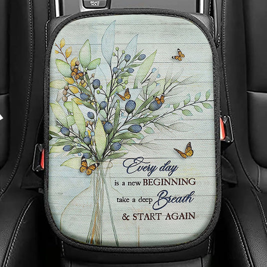 Blue Cranberry Butterfly Every Day Is A New Beginning Seat Box Cover, Bible Verse Car Center Console Cover, Inspirational Car Interior Accessories