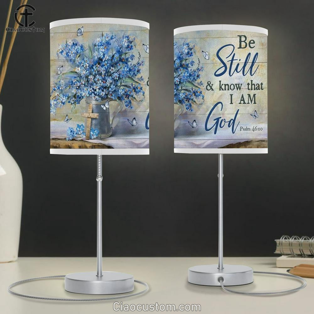 Blue Flower, Beautiful Butterfly, Cross Symbol, Be Still And Know That I Am God Table Lamp
