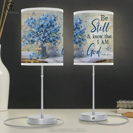 Blue Flower, Beautiful Butterfly, Cross Symbol, Be Still And Know That I Am God Table Lamp