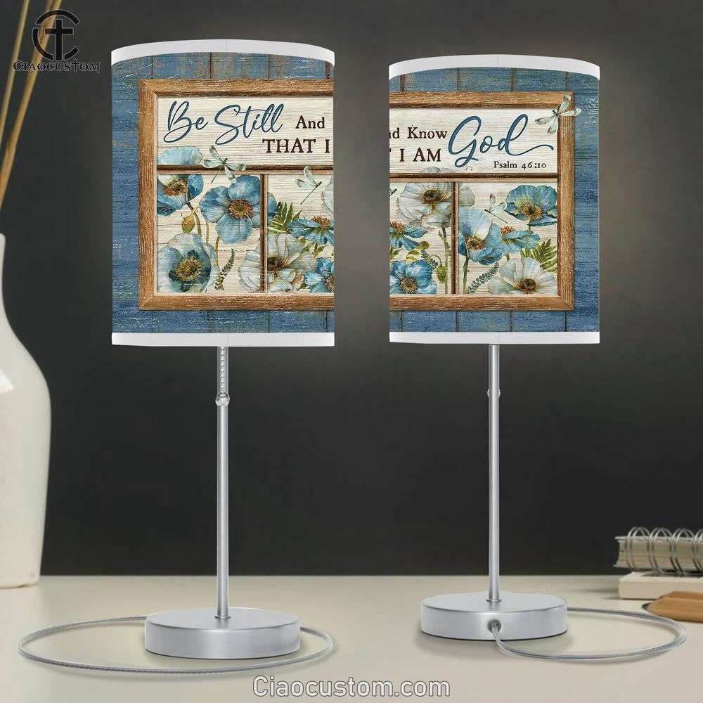 Blue Flower Garden Dragonfly Be Still And Know That I Am God Table Lamp For Bedroom - Bible Verse Table Lamp - Religious Room Decor