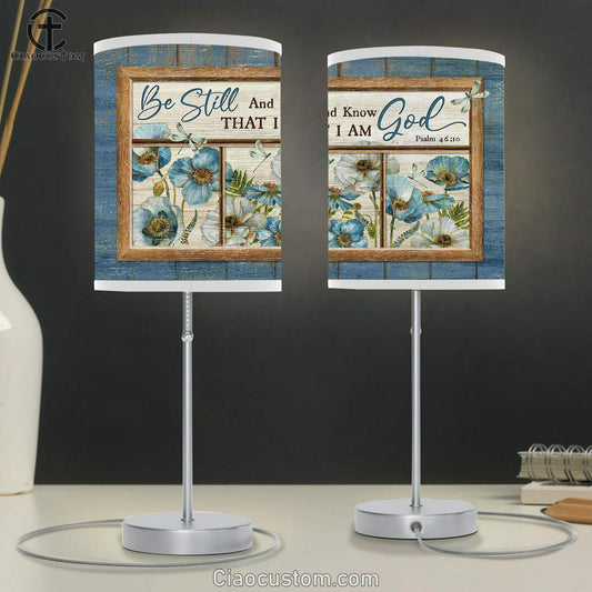 Blue Flower Garden Dragonfly Be Still And Know That I Am God Table Lamp For Bedroom - Bible Verse Table Lamp - Religious Room Decor