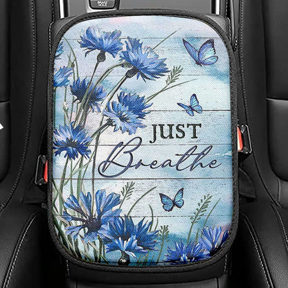 Blue Flower Just Breath Seat Box Cover, Bible Verse Car Center Console Cover, Inspirational Car Interior Accessories